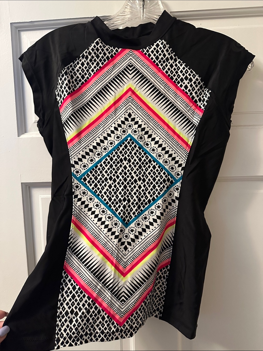 Source Unknown Black Midi Dress with Neon Pink, Yellow & Cyan Geometric Front